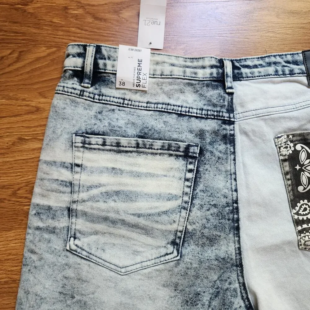 Rue 21 Supreme Flex Acid Wash Distressed Denim Patchwork Shorts Mens Size 38 New